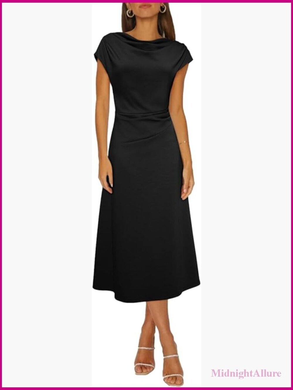 Short Sleeve Cowl Neck Ruched Waist A-Line Midi Dress Party Cocktail